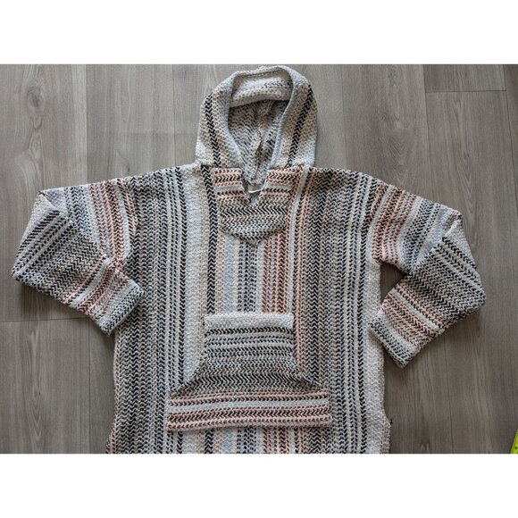 Striped Baja Hoodie Poncho XL Unisex Woven Pullover Front Pocket Made in Mexico - Picture 2 of 11
